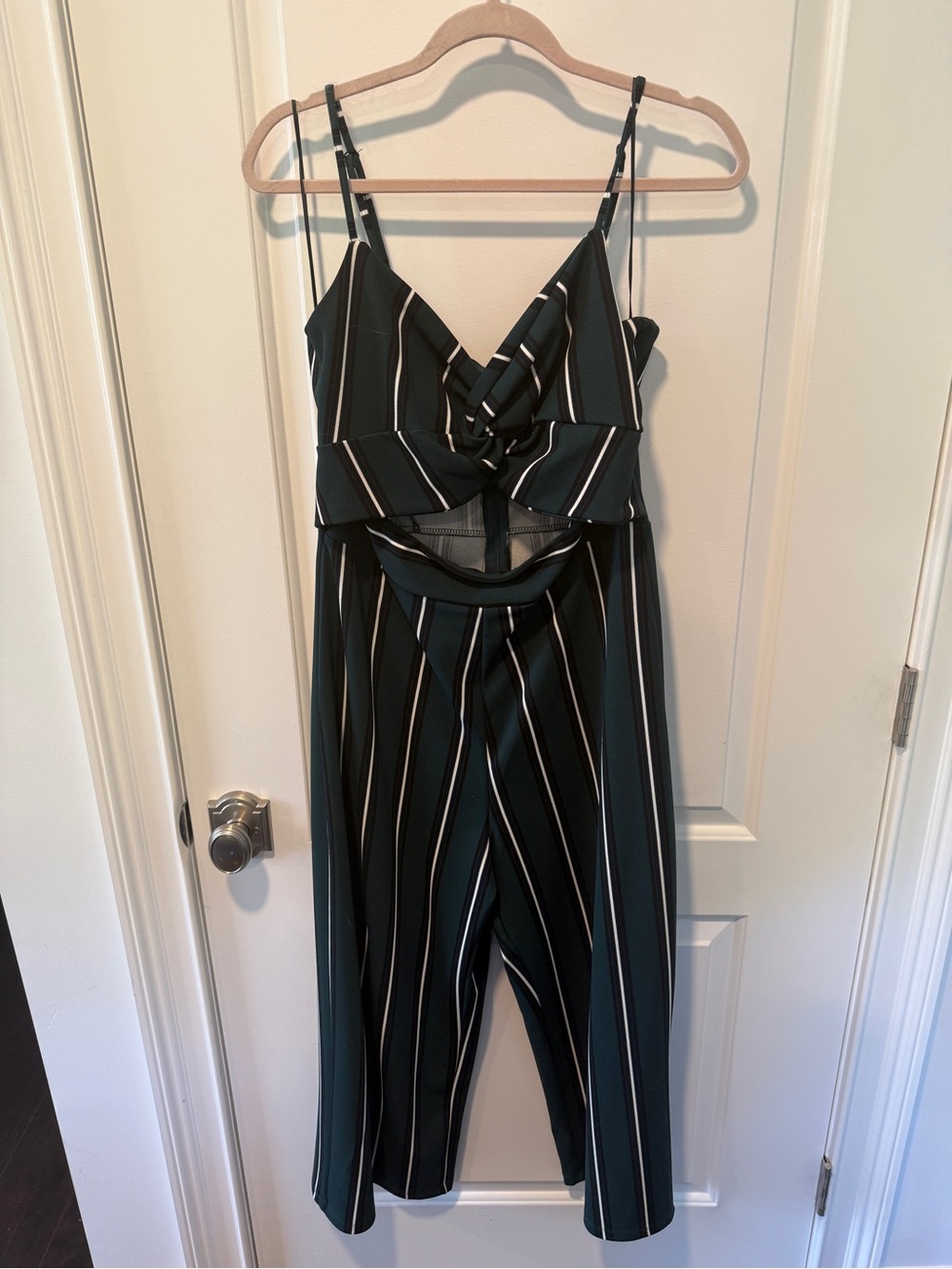 Dynamite Dark Green Striped Twist-Front Jumpsuit